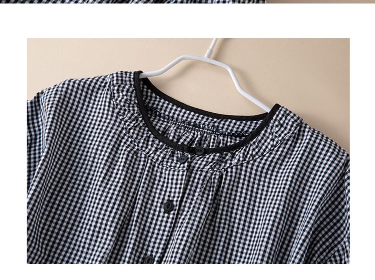 YARU - Blouse met pofmouwen, ruitmotief en knopen