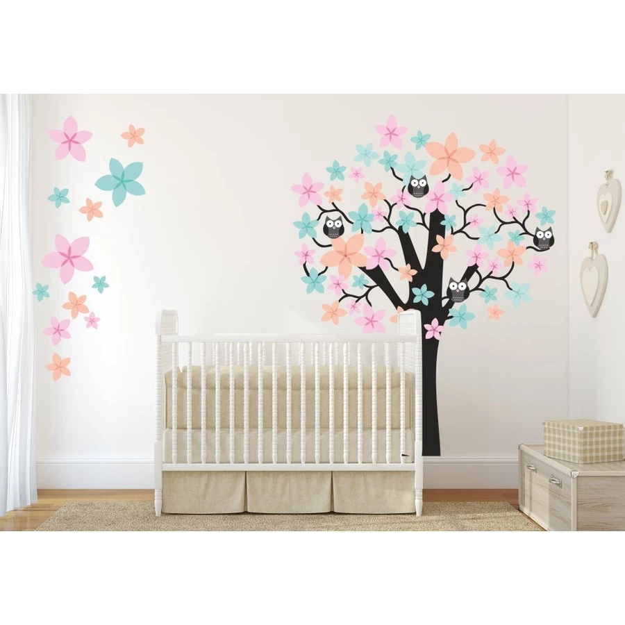 Nikima Wandtattoo 062 Wandtattoo Baum mit Eulen – rosa blau orange bunt
