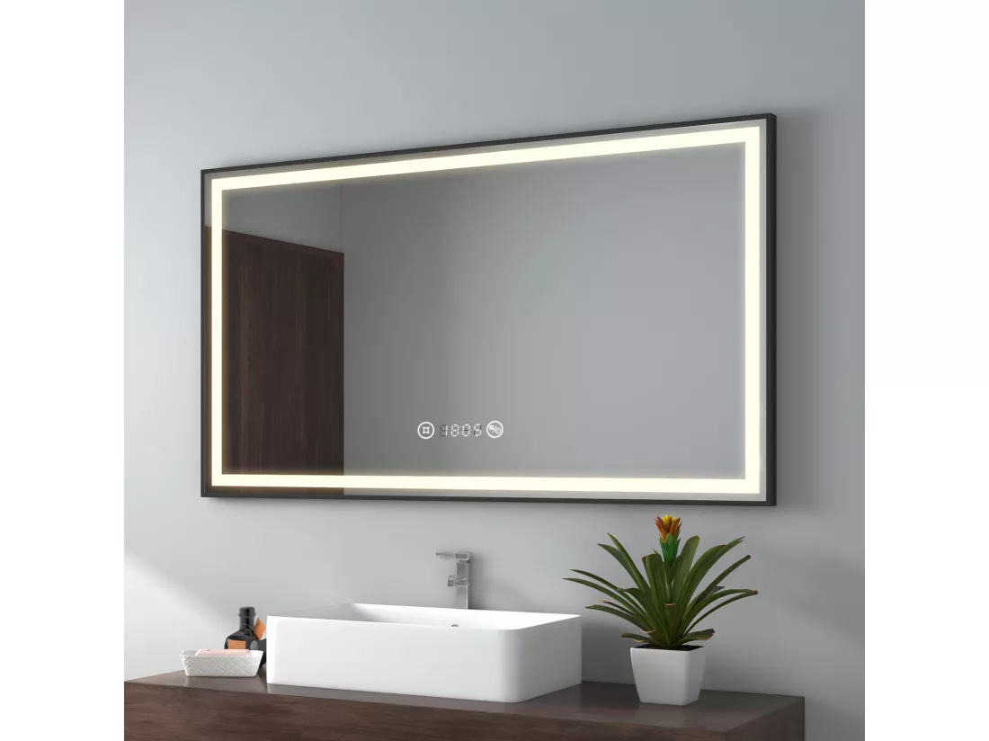 EMKE Miroir lumineux salle de bain 120x70cm, Cadre noir, Miroir LED avec Interrupteur Tactile, Anti-buée, Horloge et Température, Lumière Neutre