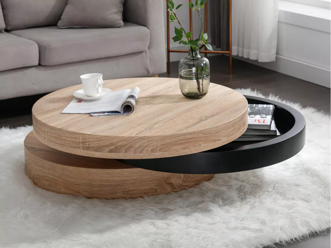Table basse pivotante ronde avec 1 niche en MDF - Noir et naturel clair - JANITA