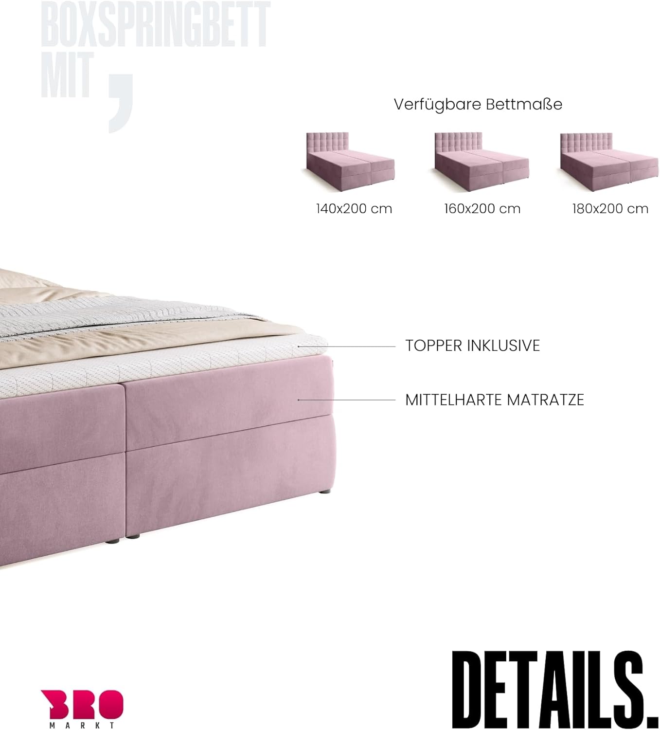 BROMARKT Boxspringbett mit Bonell Matratze und Bettkasten Doppelbett mit Topper 180x200cm Härtegrad H3 Bett für Schlafzimmer gepolsterte Kopfstütze Detroit Puderrosa