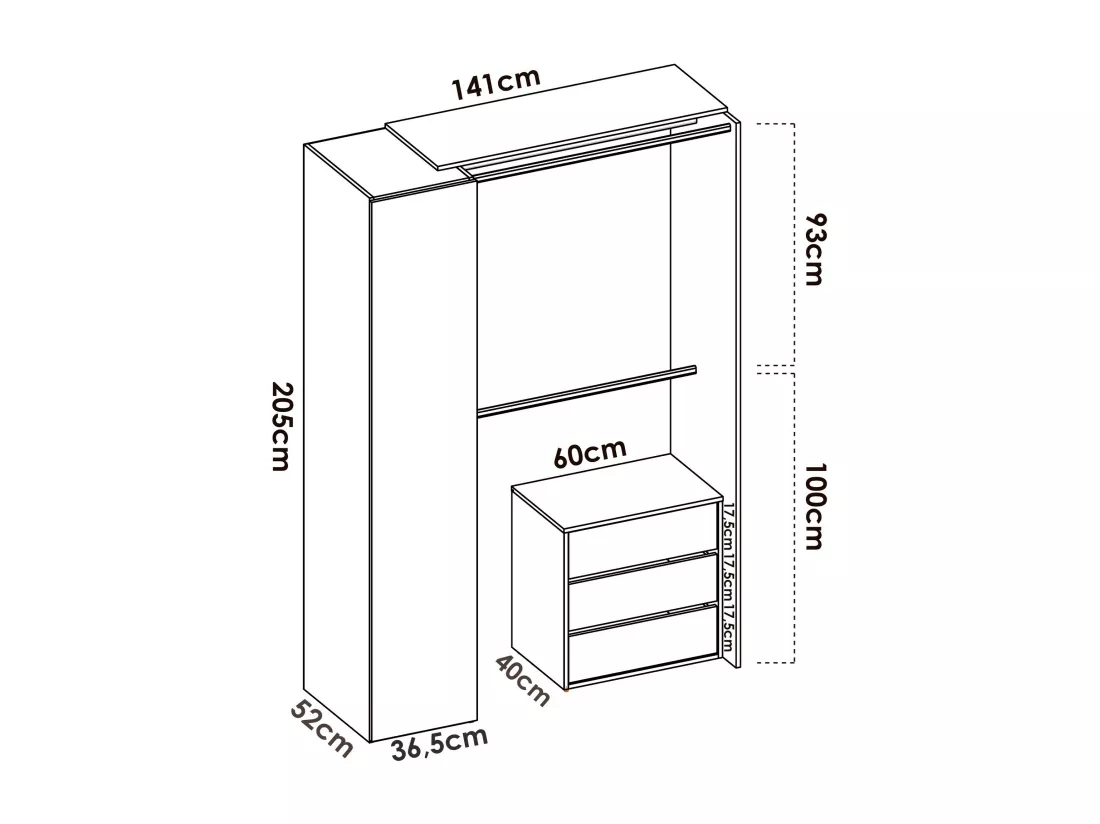 Armoire Dmatin, Structure pour dressing, Cintre ouvert, 141x52h205 cm, Blanc et Anthracite