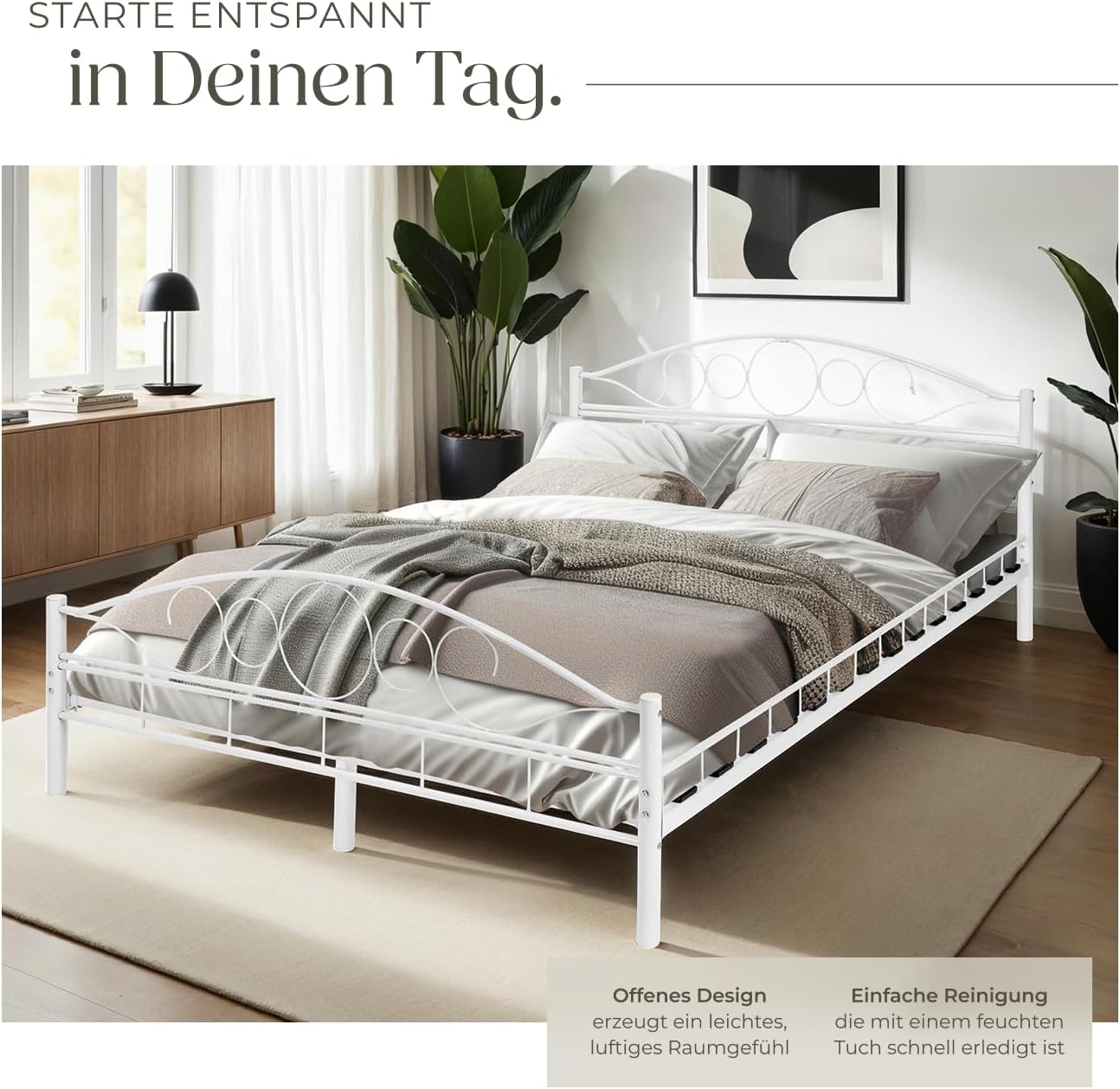 tectake® Metallbett, Bettgestell mit Lattenrost, Einzelbett, Doppelbett aus Metall, Bettrahmen mit Kopfteil Bett für Schlafzimmer, Gästezimmer, Gästebett, Jugendzimmer - 200 x 140 cm, weiß/weiß