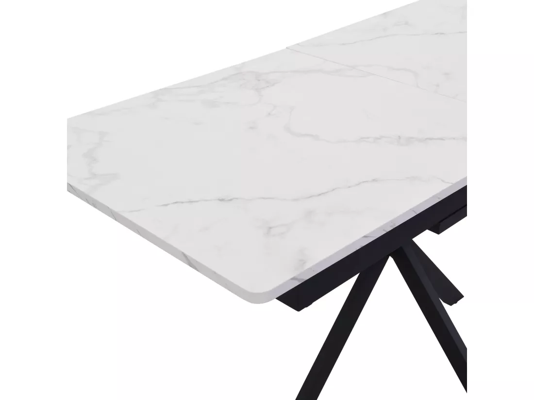 Table à manger extensible 150/180cm - 4 à 8 personnes - Effet marbre blanc en MDF et pieds noir en métal