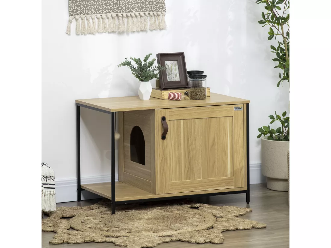 Maison de toilette pour chat style industriel porte entrée latérale boule suspendue châssis acier aspect bois clair