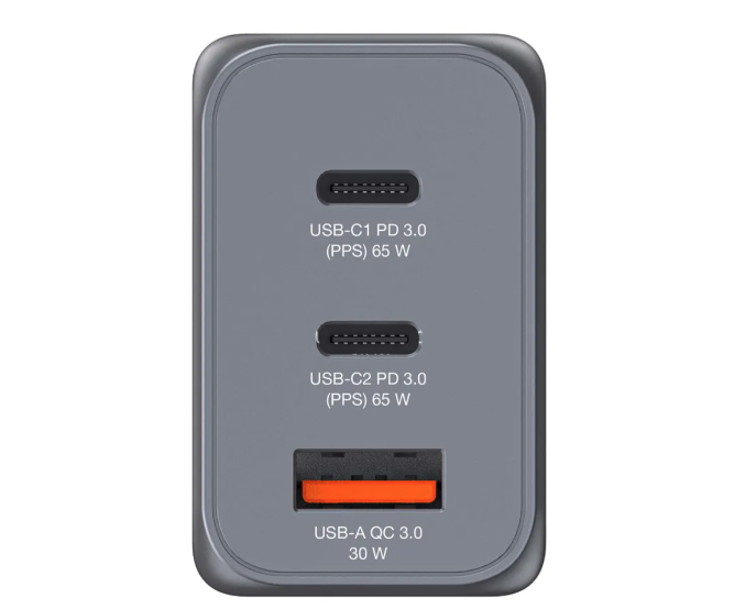 (65W) 2x USB C / 1x USB A GaN Ladegerät Netzteil PD 3.0 QC 3.0   Adapter Stecker EU / UK / US (32201) - Grau