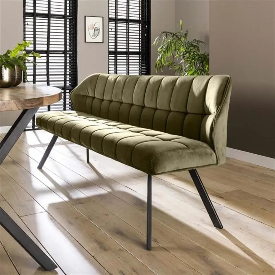 Industriële eetkamerbank Romy velvet 180 cm groen - 190x190x84 cm - Stof - Groen