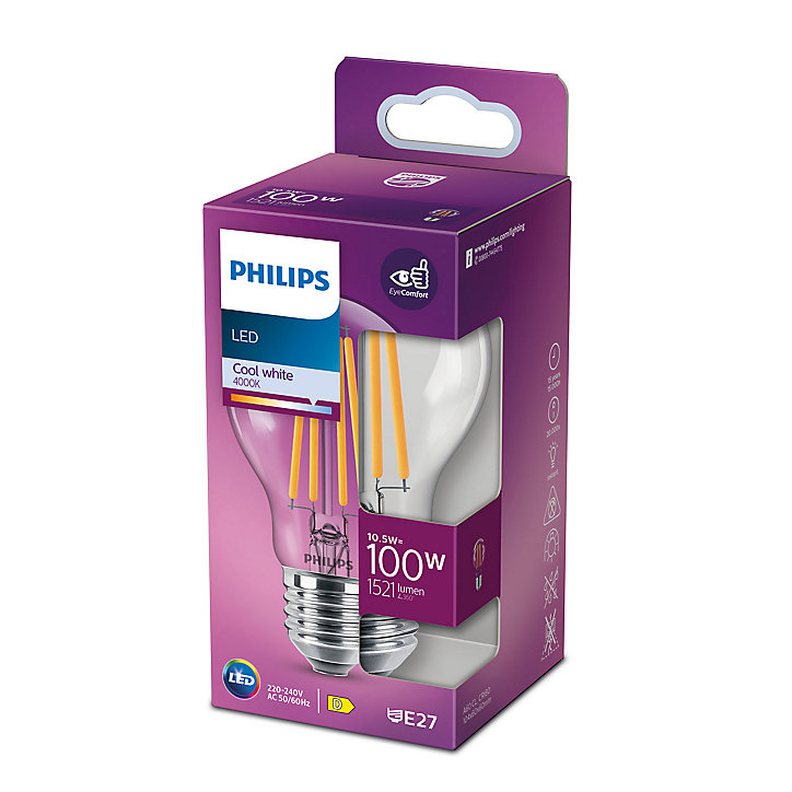 Ampoule LED E27 A60 transparent 1521lm 10.5W IP20 blanc froid Philips
