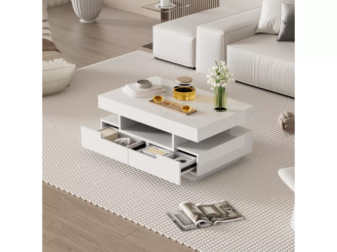 Table basse avec 4 tiroirs - 80 x 50 x 36 cm - LEDs - Panneaux de particules - Blanc
