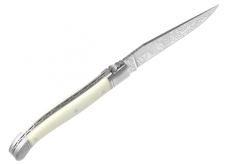 Couteau Laguiole collection damas avec un manche en os de bovin et 2 mitres en acier inoxydable