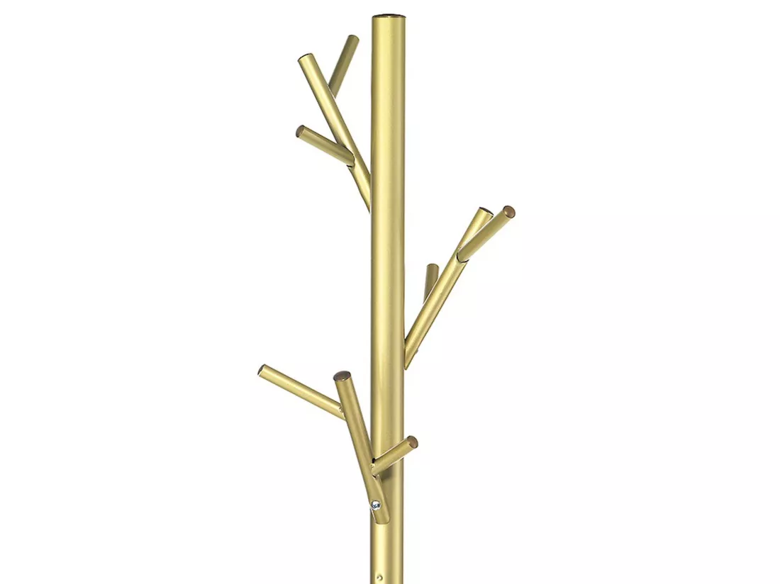 Porte-manteaux ZENO portant à vêtements sur pied en forme d'arbre avec 6 crochets sur différentes hauteurs, en métal laqué doré