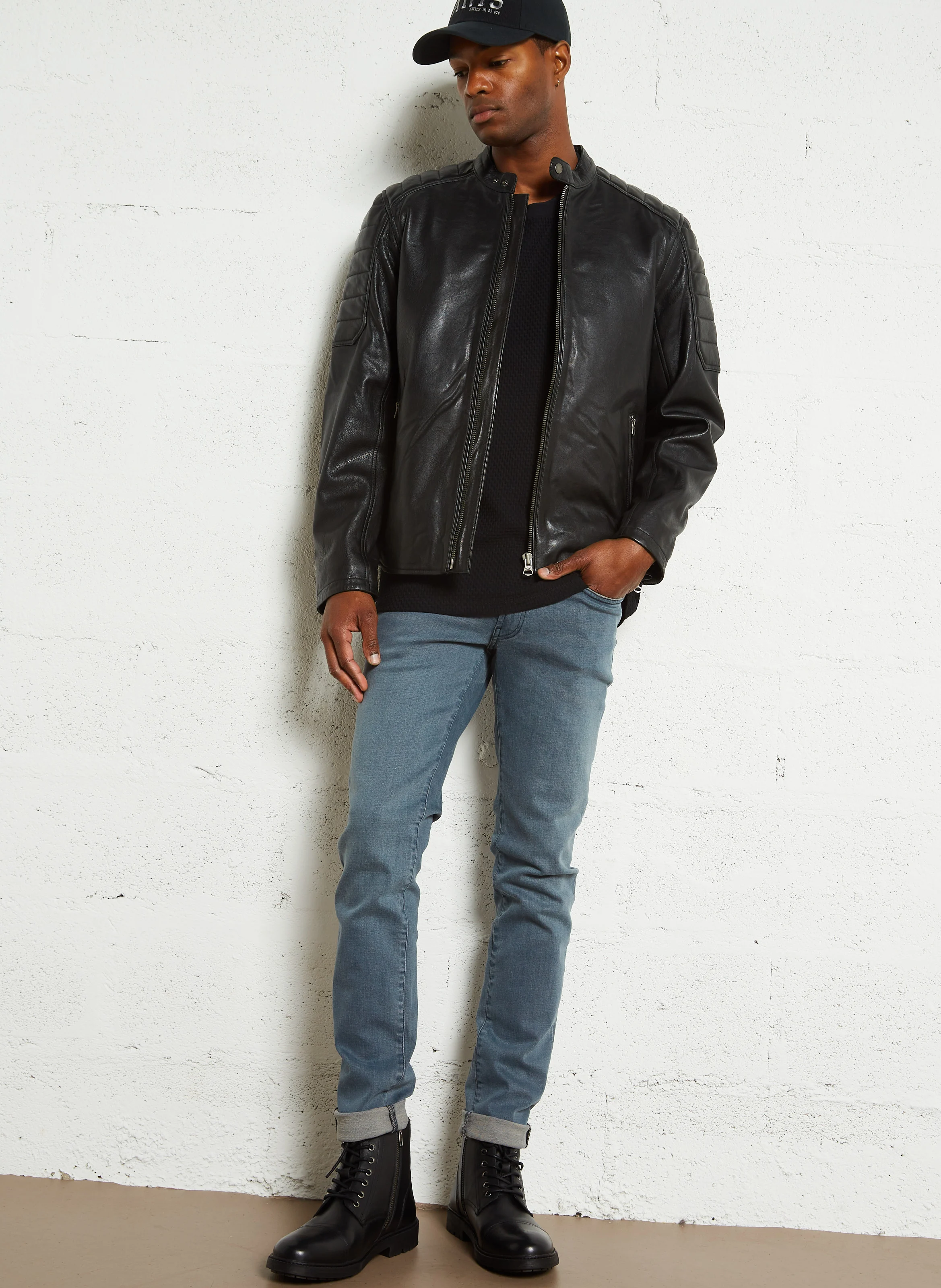 TRAVIS - Veste col rond en cuir | Noir