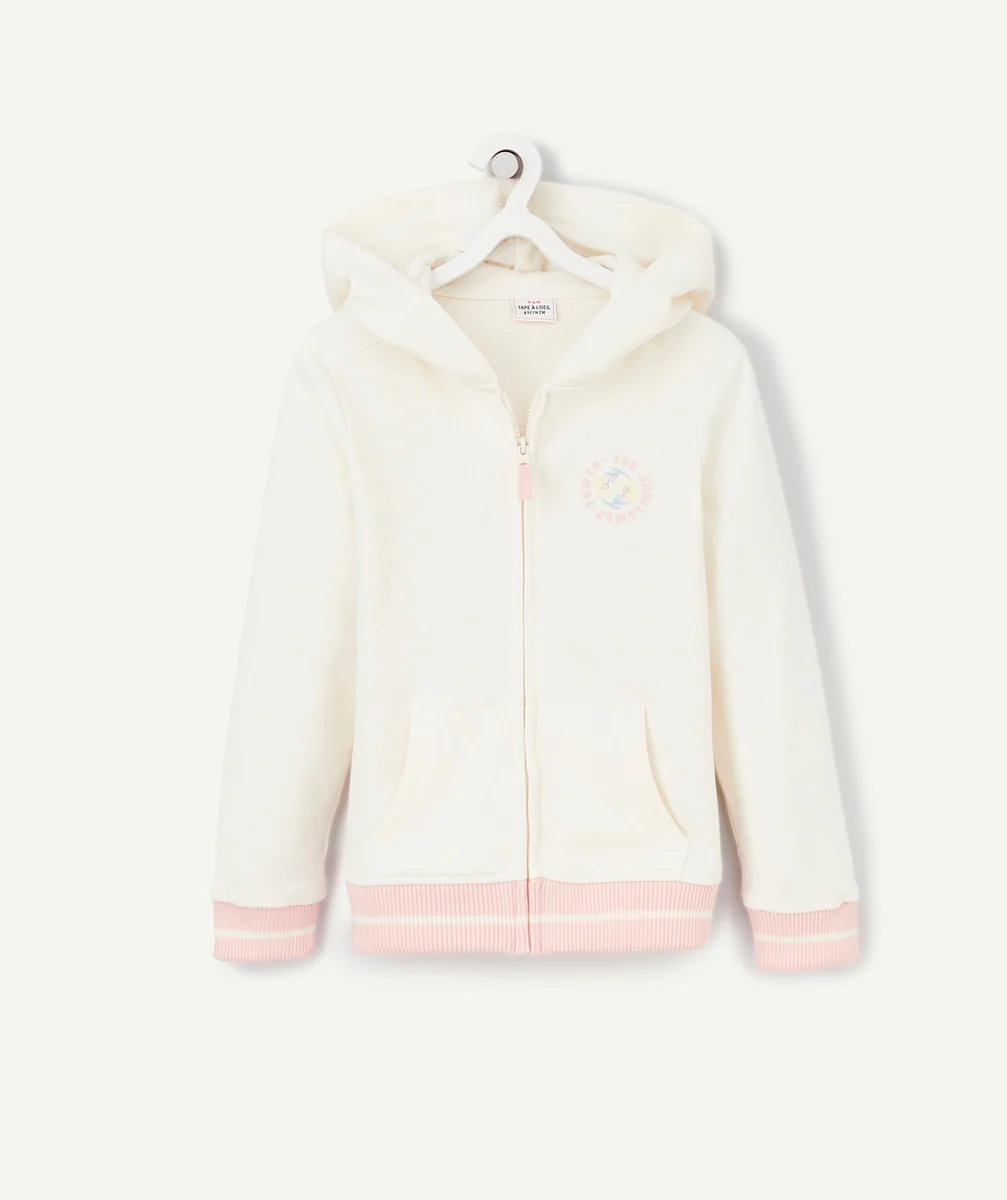 GILET ZIPPÉ À CAPUCHE FILLE EN FIBRES RECYCLÉES ÉCRU AVEC POCHES