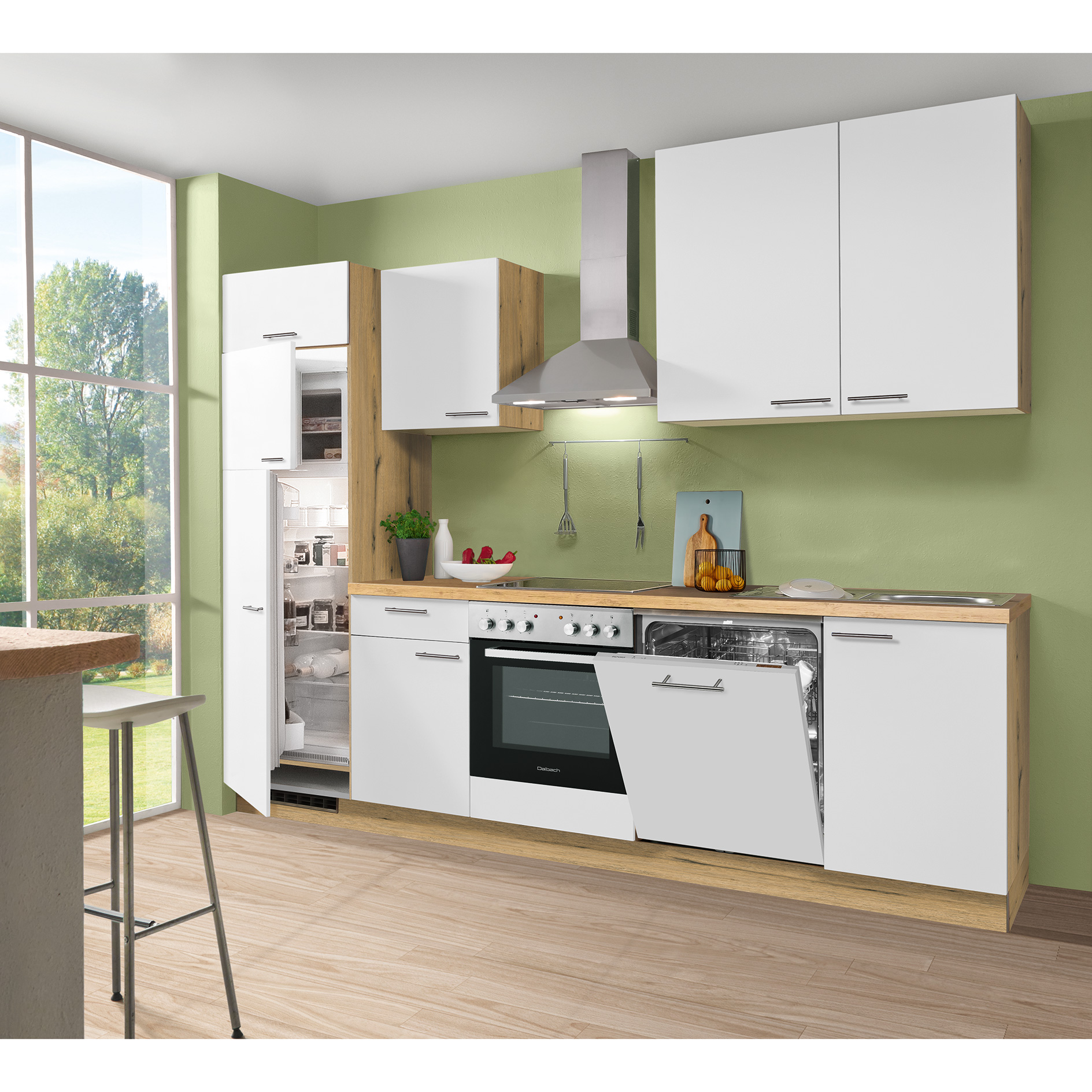 Küchenblock - weiß matt - Eiche Astig - mit E-Geräten - Kühlschrank links - 280 cm