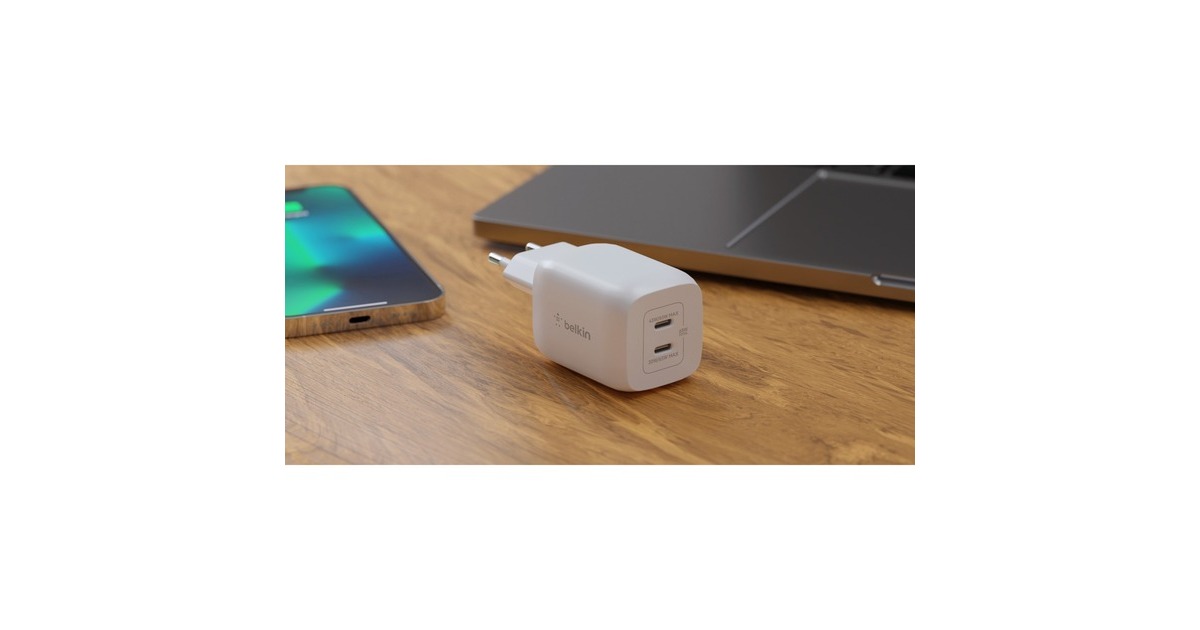 BelkinBoostCharge Pro 2-poorts USB-C GaN-wandlader met PPS (65 W) + USB-C/USB-C-kabel  (Wit)