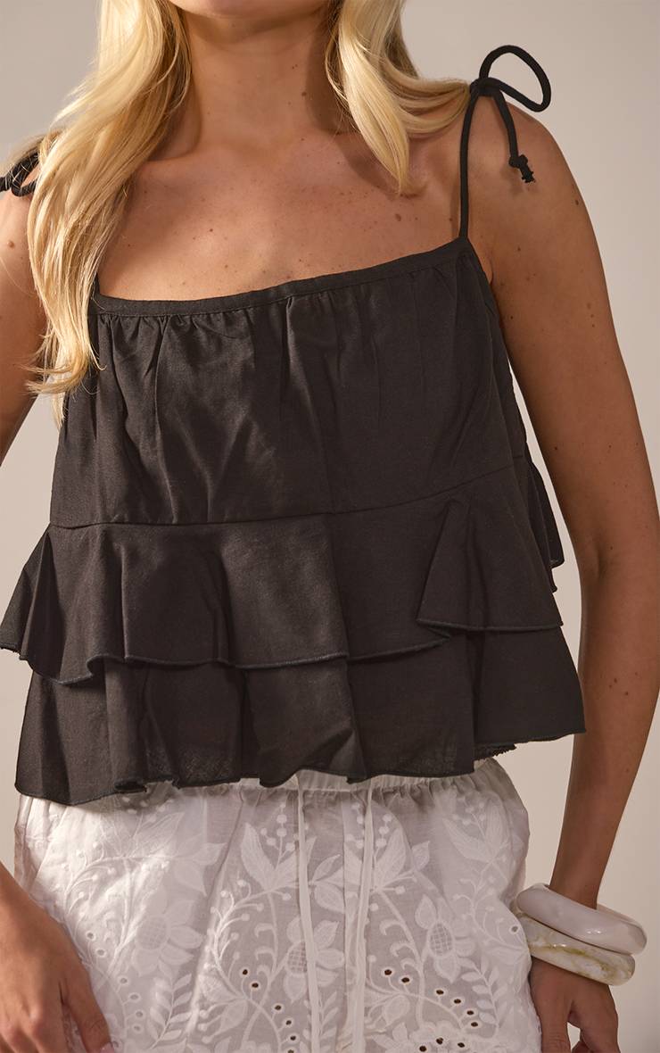 Noir Caraco En Coton Lin Avec Détail À Volants