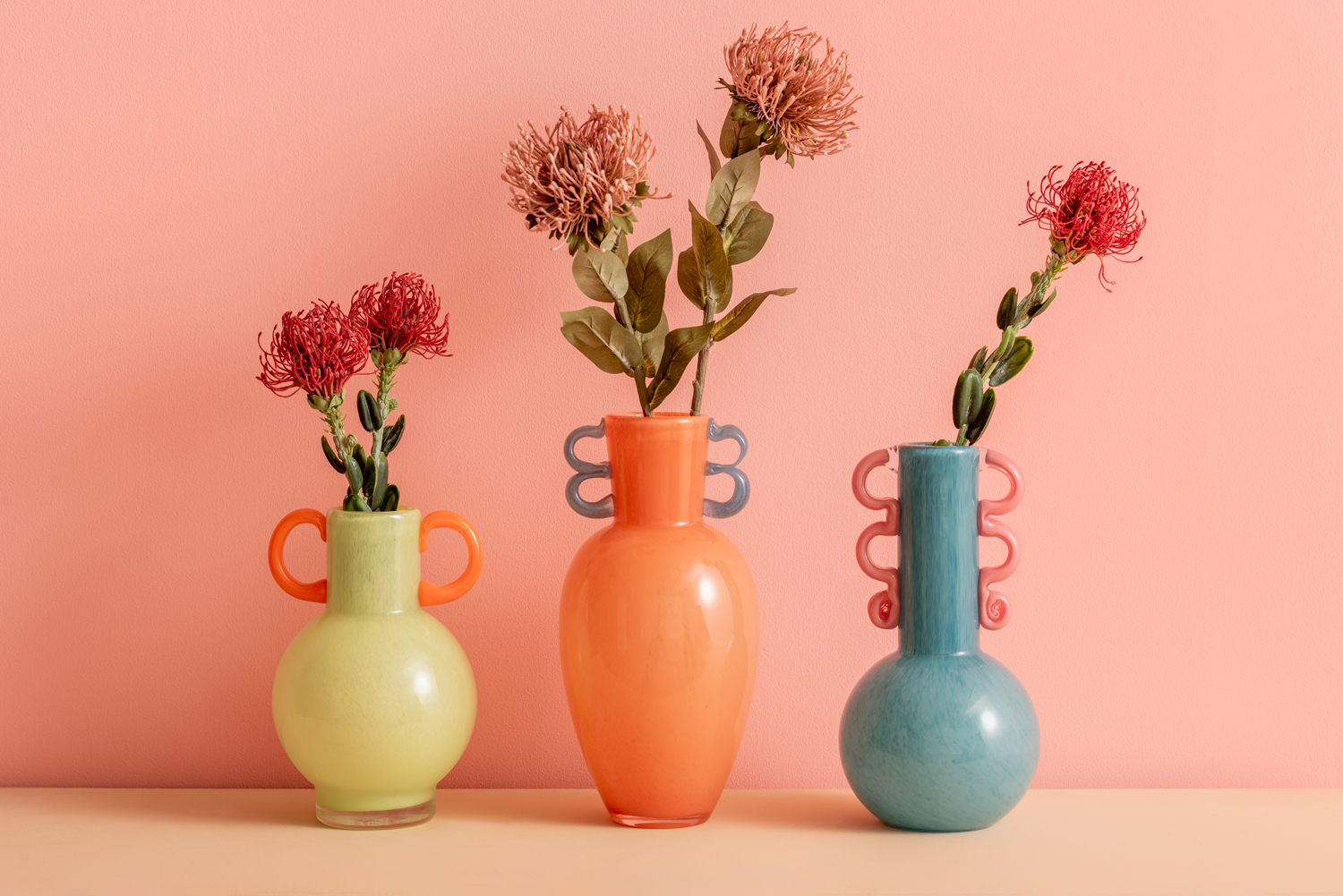 Vase Fiesta glass medium turquoise blue, pink handles
