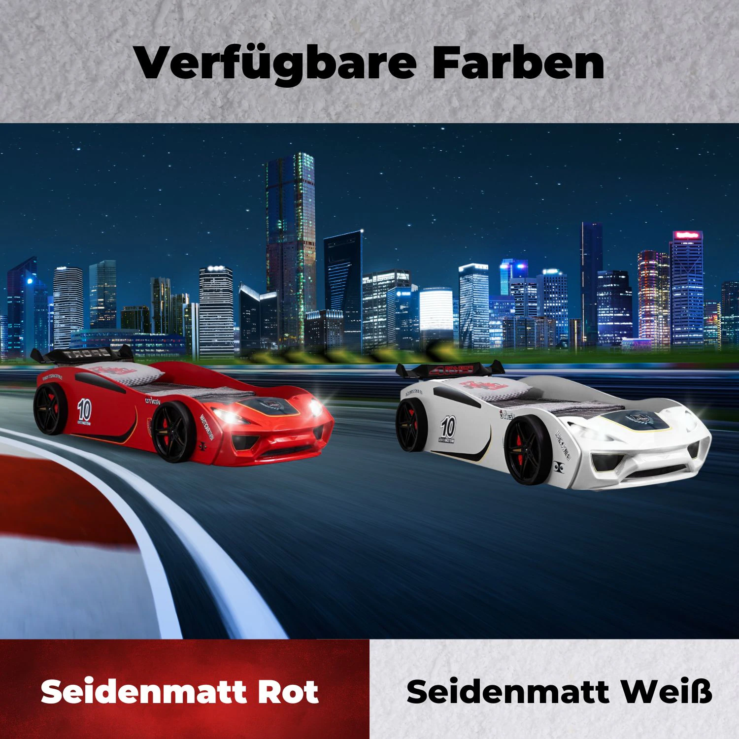 TRAUMMÖBEL Autobett TURBO V2 Weiß Kinderbett im Rennwagen-Design mit Lattenrost