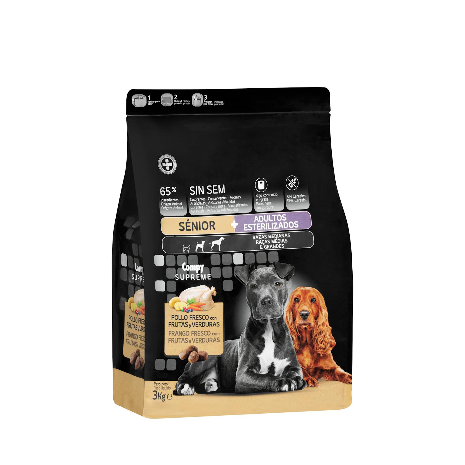 Nourriture Supreme Compy pour chiens seniors et adultes stérilisés avec poulet, fruits et légumes