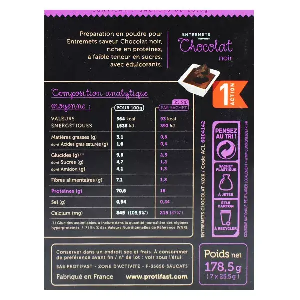 Sobremesa de chocolate amargo com alto teor de proteína Protifast, 7 sachês.