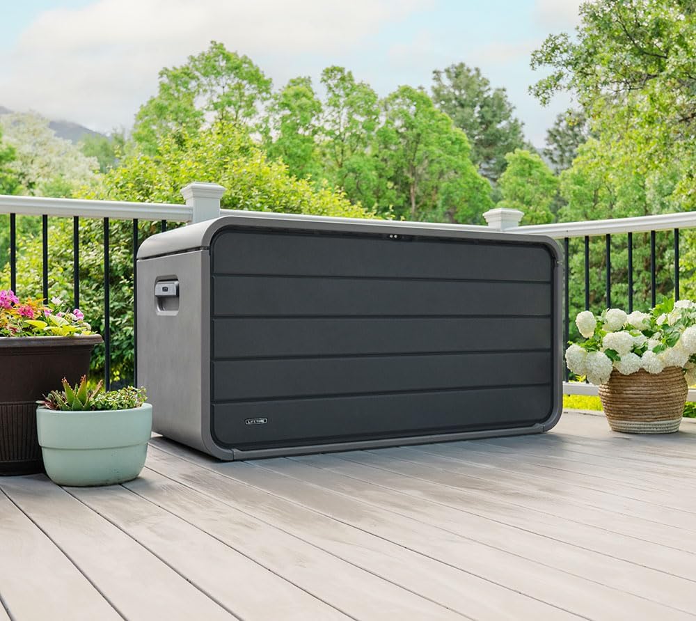 LIFETIME Gartenbox Space XL | 625 L | Grau | Kissenbox & Auflagenbox | mit Gasdruckfeder | Schlossvorrichtung | HDPE Kunststoff | Tragegriffe | wetterfest & UV-beständig
