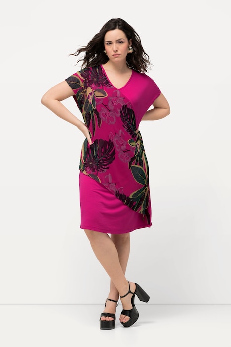 Jerseykleid, Chiffon, Blüten, V-Ausschnitt, Halbarm