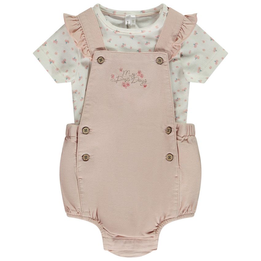 Ensemble 2 pièces avec barboteuse brodée pour bébé fille - Rose