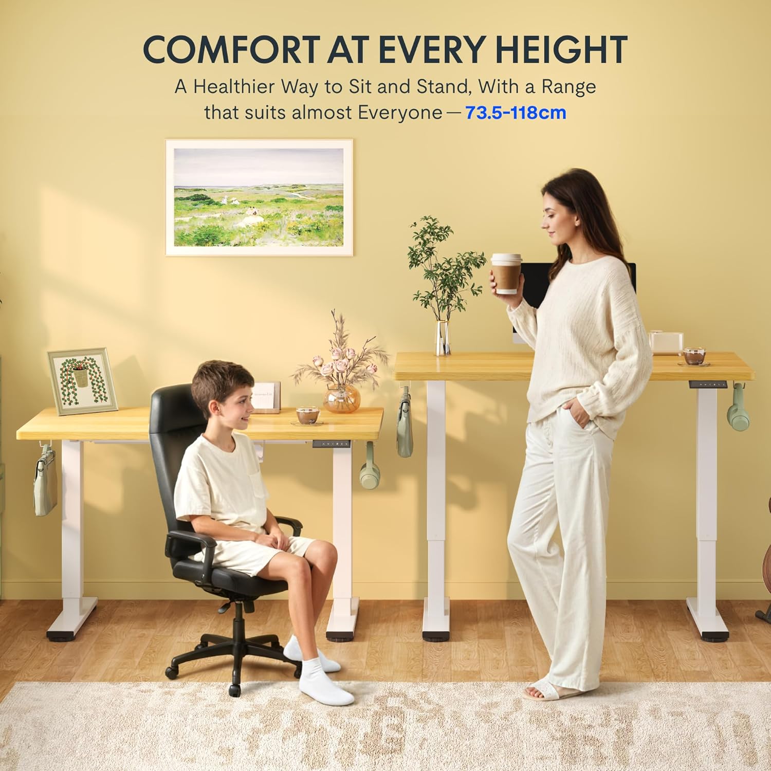 FlexiSpot Höhenverstellbarer Schreibtisch Basic–Mit Kabelmanagement, Haken und EINTEILIGER Tischplatte, Ergonomischer Homeoffice-Tisch, Bürotisch (120x60cm, Ahorn)