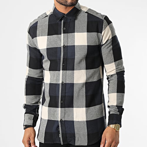Chemise Manches Longues A Carreaux Gudmund Bleu Marine Beige