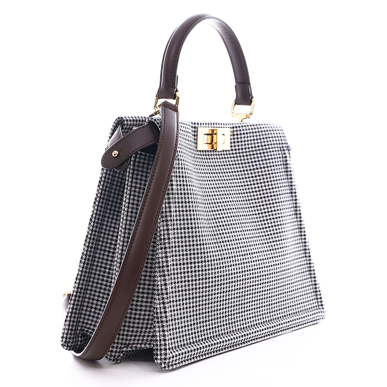 Fendi Sac à main Peekaboo Medium en Toile pied-de-poule & Cuir marron - Neuf avec étiquette - L.31 cm
