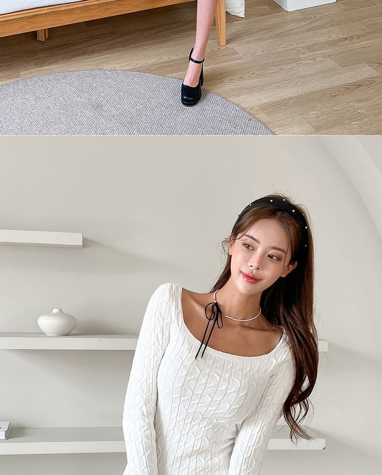 Girls Supply - Mini-jurk met lange mouwen en vierkante hals, effen geribbeld breisel
