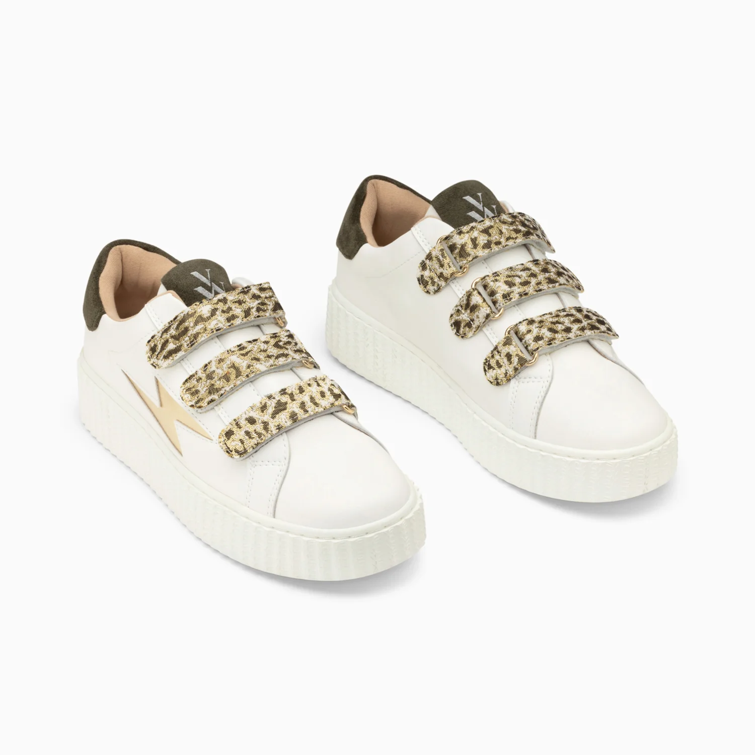 Sneakers-Baskets éclair Lyanna blanc et or à scratchs léopard kaki