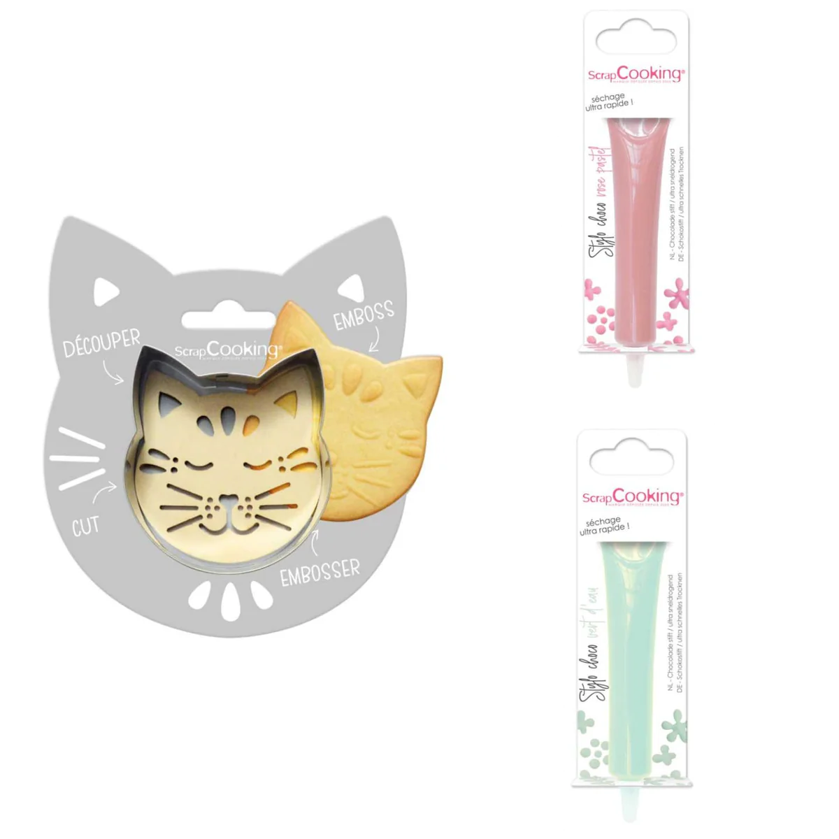 Kit pour biscuit en relief Chat + 2 Stylos au chocolat rose pastel et