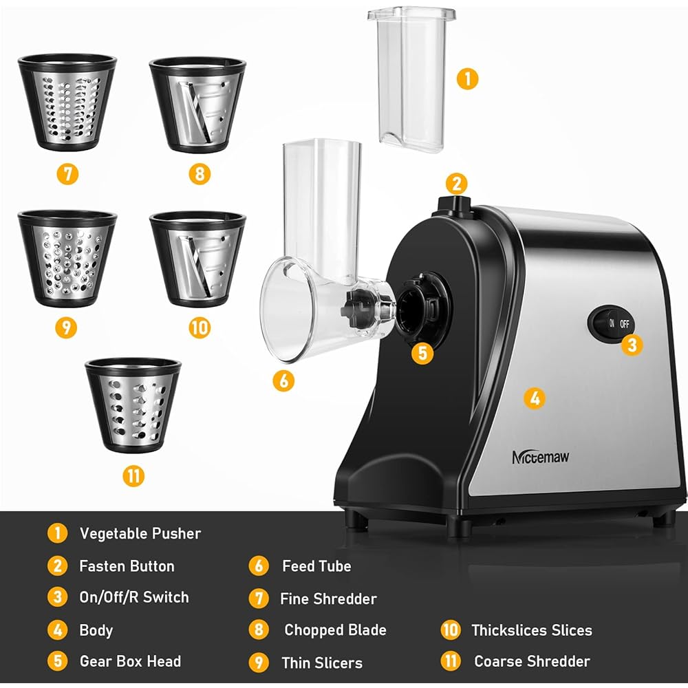 Meykey Coupe-légumes électrique, 5 en 1 Râpe a Légumes Électrique, Hachoir multifonctionnel Râpe, Râpe Carottes Electrique, 250W avec 5 cônes en acier inoxydable Nouveau : Cuisine et Maison