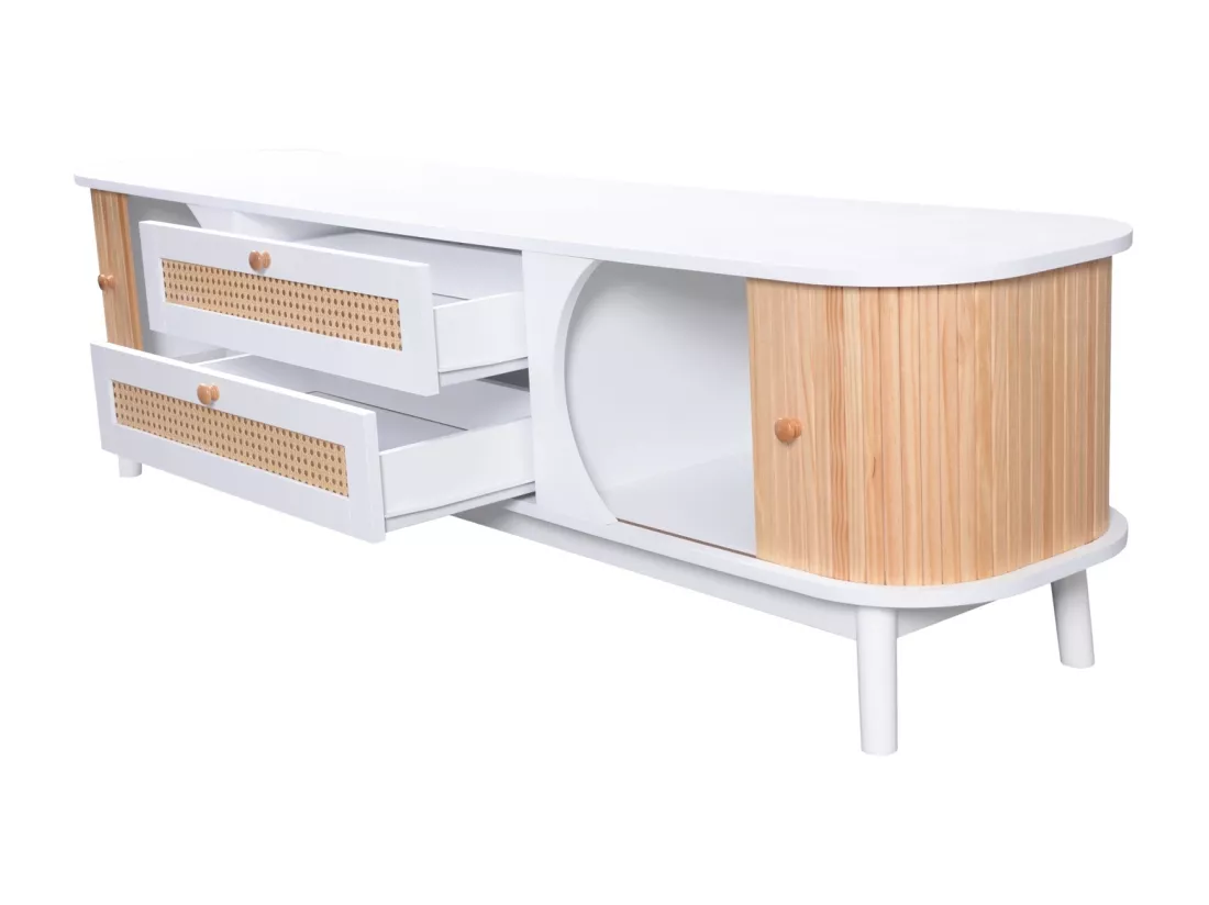 Meuble TV 170x39.5x46cm - Meuble TV en bois avec portes et tiroirs en rotin style maison de campagne pour rangement - blanc
