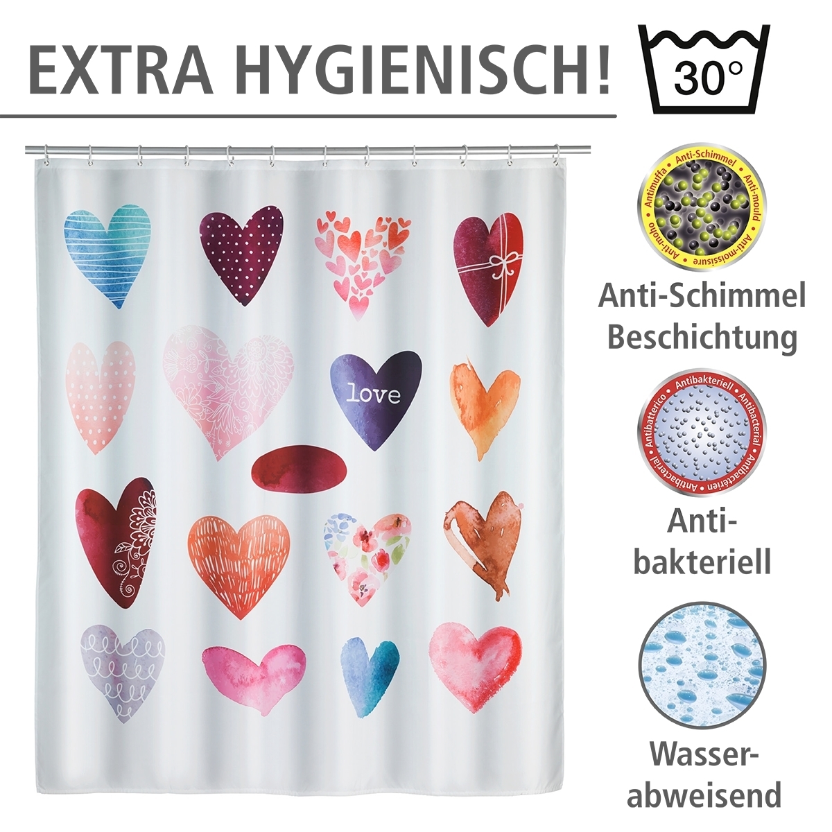 WENKO Duschvorhang LOVE - multicolor - waschbar