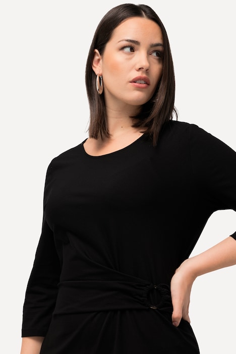 Maxikleid, Drapierung, Schmucköse, Rundhals, 3/4-Arm