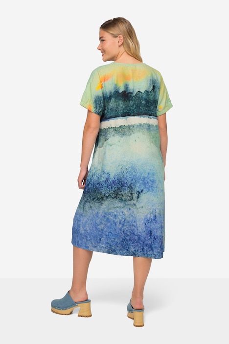 Leinenmix-Kleid, A-Line, Landschafts-Print, Rundhals, Halbarm