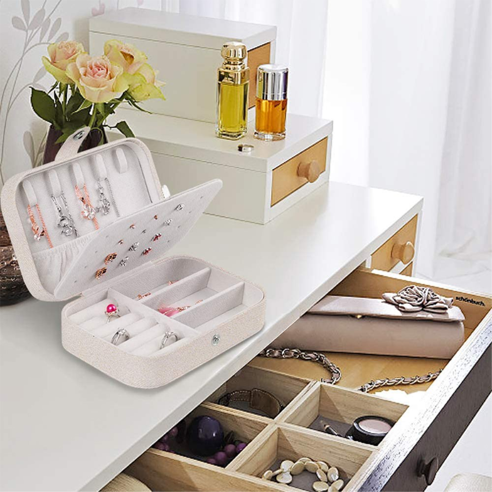 (16x11x5cm) Leder Schmuckschatulle Reise Aufbewahrungsbox Organizer für Ringe / Halskette / Ohrringe / Armbänder - Weiss