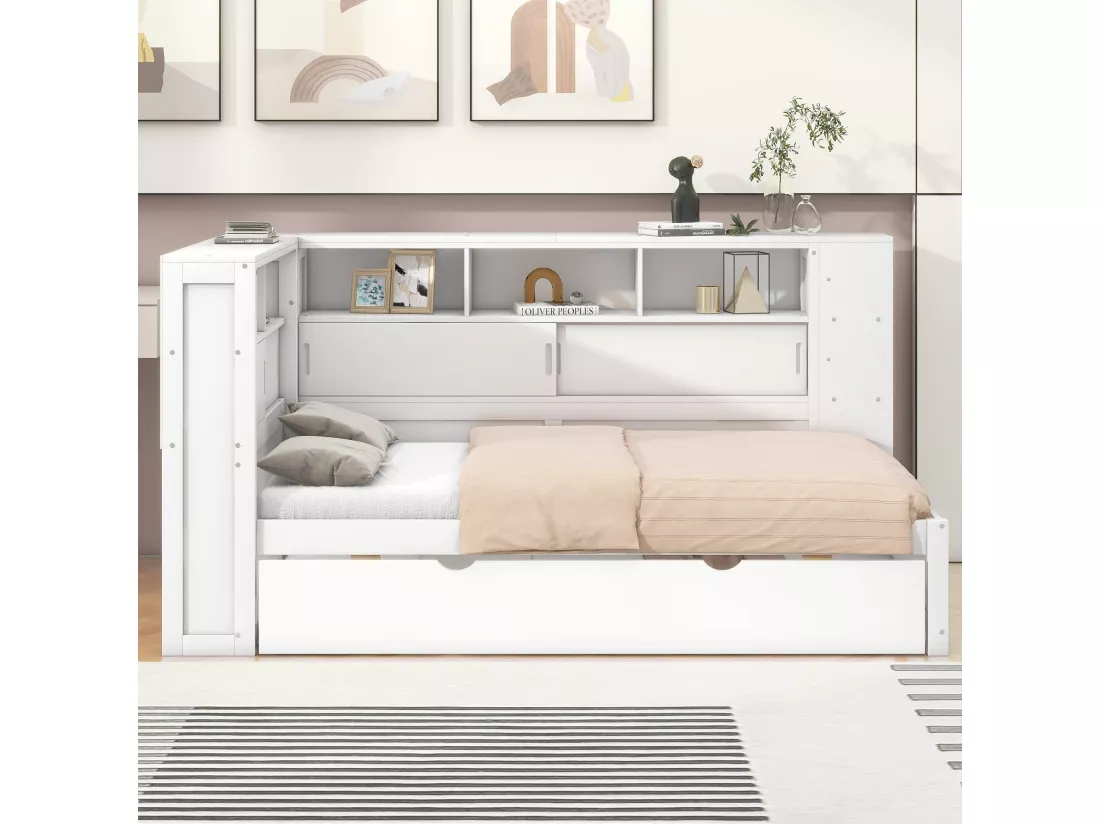Lit gigogne en bois massif 90x200cm avec Ports de charge USB - entouré d'un cercle de rangements - Blanc