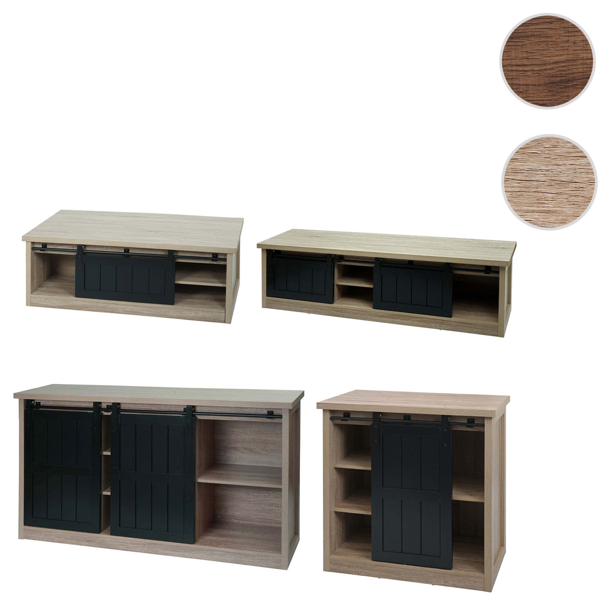 Wohnzimmerset aus TV-Rack, Sideboard, Kommode und Couchtisch MCW-K75, Schiebetür Staufächer, Industrial ~ naturfarben