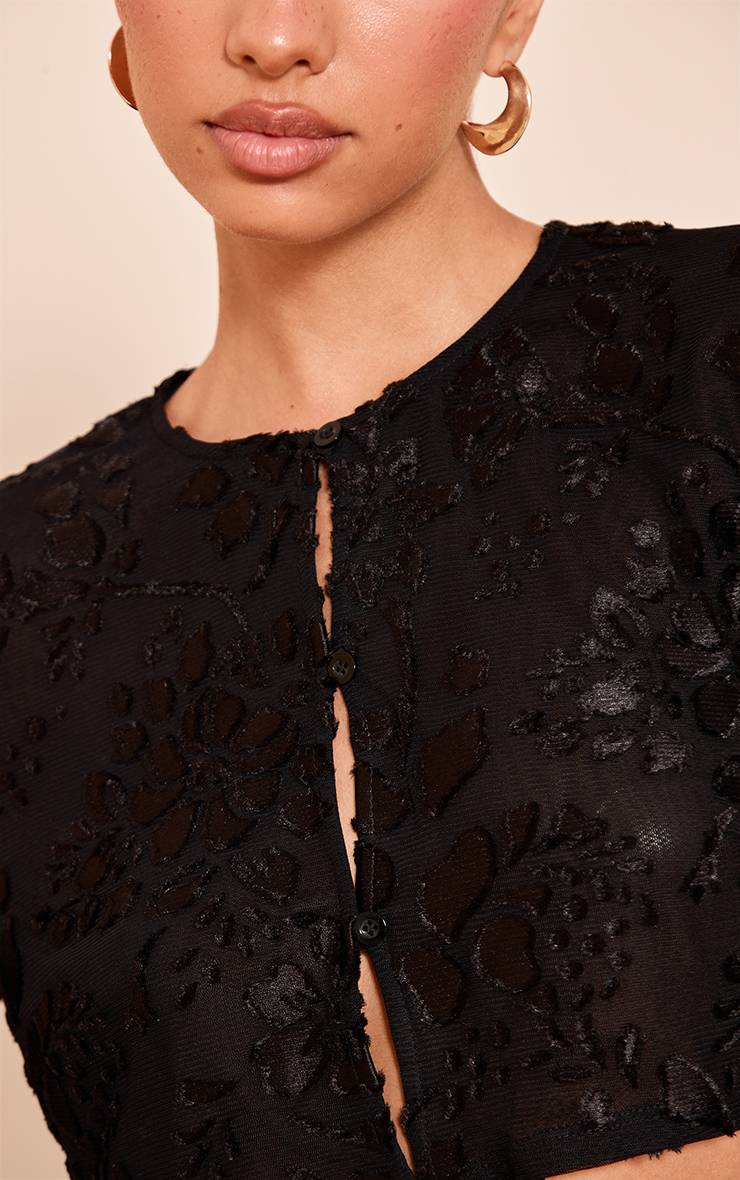 Noir Top Court Transparent À Fleurs Avec Boutons