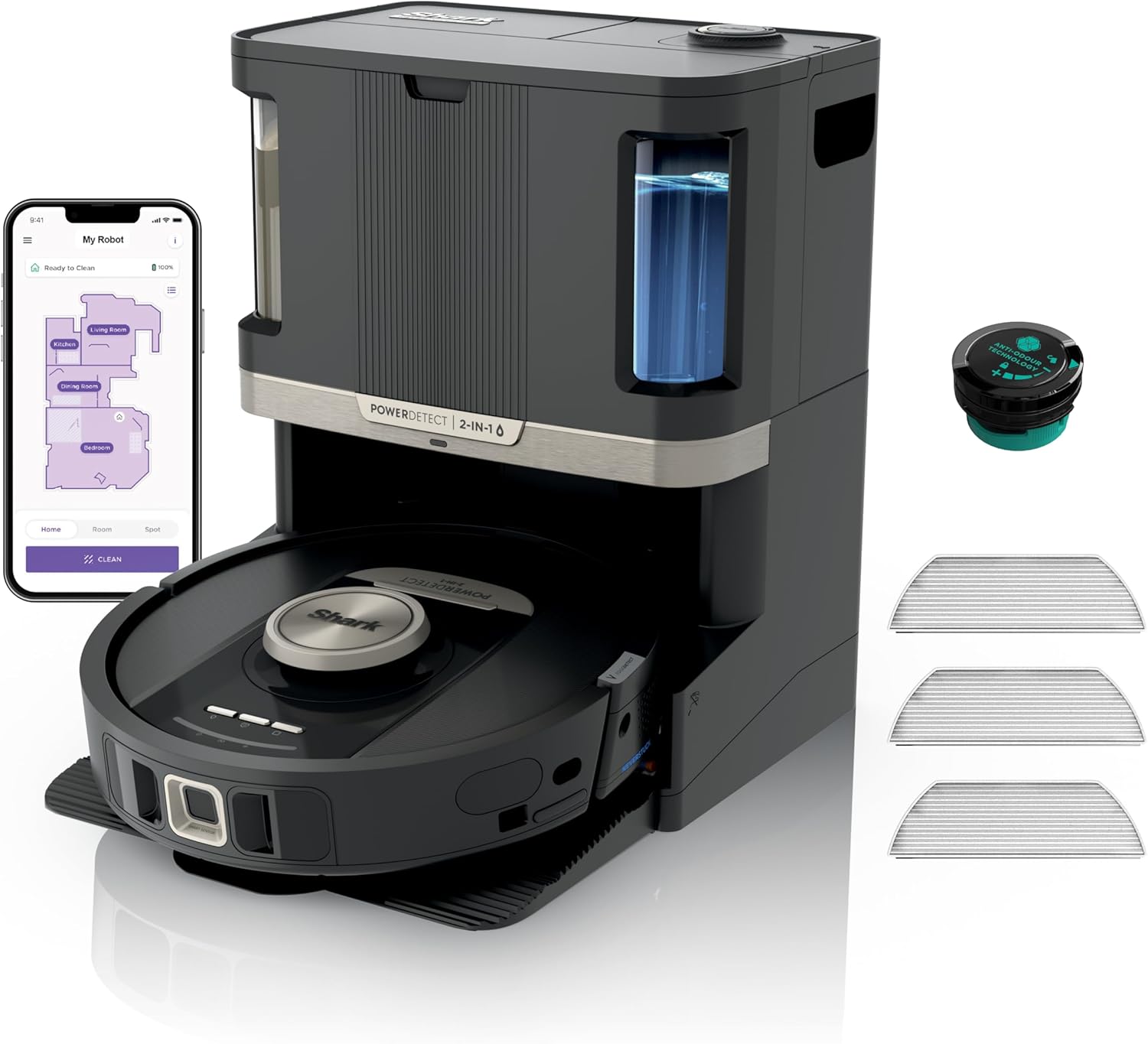 Shark PowerDetect 2-in-1 Saugroboter & Wischroboter, NeverTouch Pro 60-Tage-Selbstentleerung, selbständiges Nachfüllen & Reinigen, 3D-/ LiDAR-Navigation, NeverStuck, App-Steuerung, Schwarz RV2800ZEEU