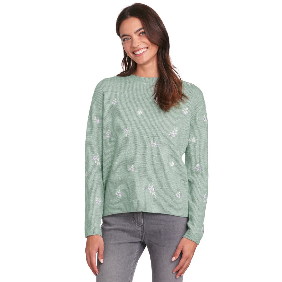 Gina Damen Strickpullover mit Stickerei salbei
