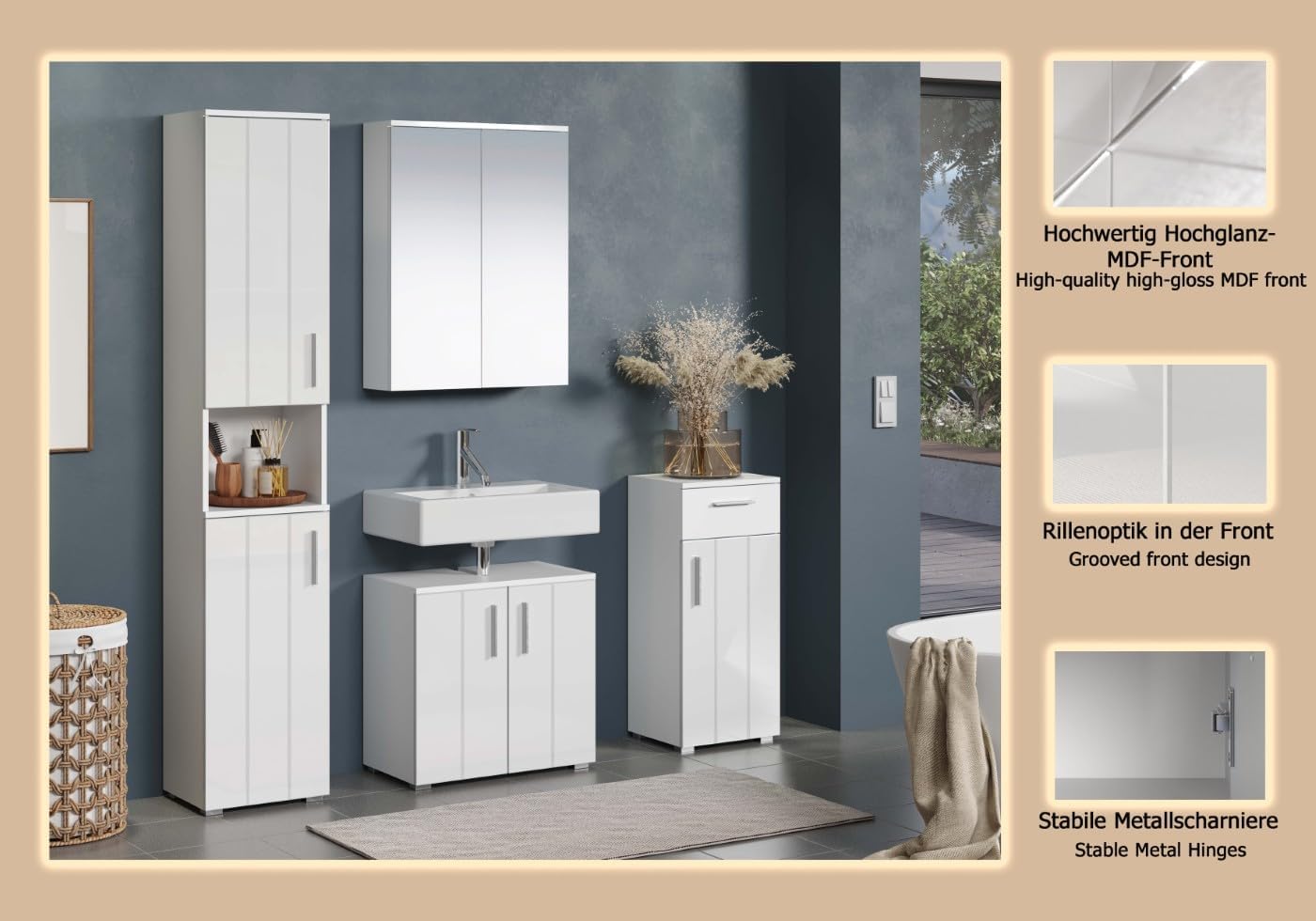 trendteam smart living - 4-teilige Badezimmerkombination Badmöbel - Badezimmer - Wons - Aufbaumaß (BxHxT) 164 x 192 x 32 cm - Farbe Weiß Hochglanz - 220790101