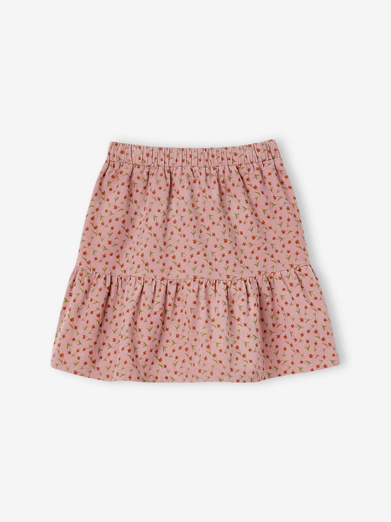 Saia de veludo com babados e estampa floral para meninas, rosa antigo