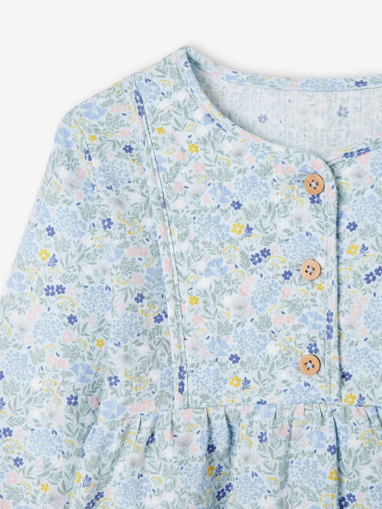 Vestido azul claro com babados, flores e detalhes acolchoados para meninas