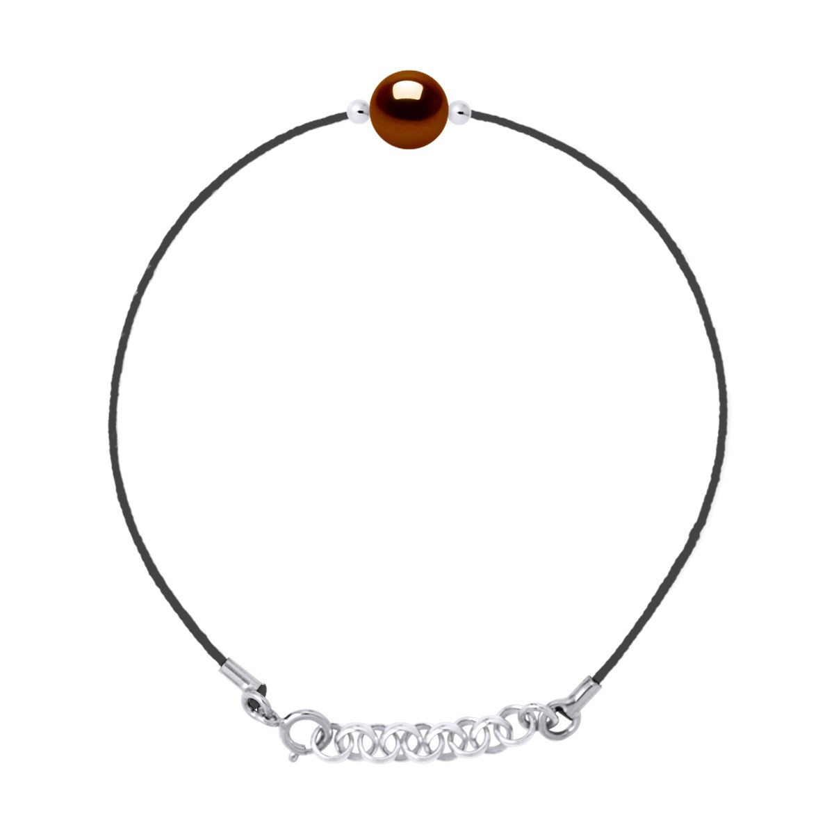 Bracelet LOVE LINK Perle d'Eau Douce Ronde 9-10 mm Chocolat Lien Nylon Noir Argent 925
