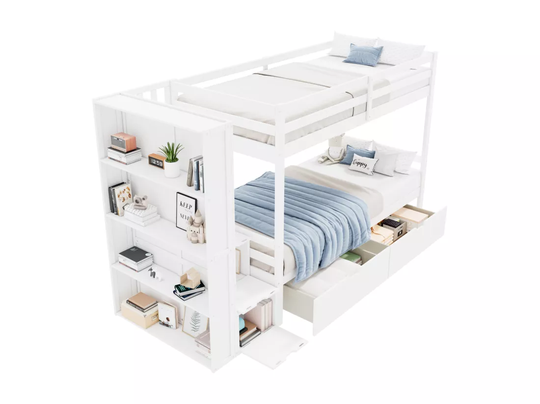 Lit superposé avec 2 tiroirs + escalier de rangement + étagères - 90x200 cm - en bois de pin - Blanc