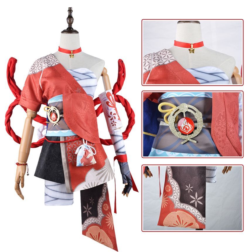 Custaplayu - Genshin Impact Yoimiya Cosplaykostuum / Pruik / Slippers / Set